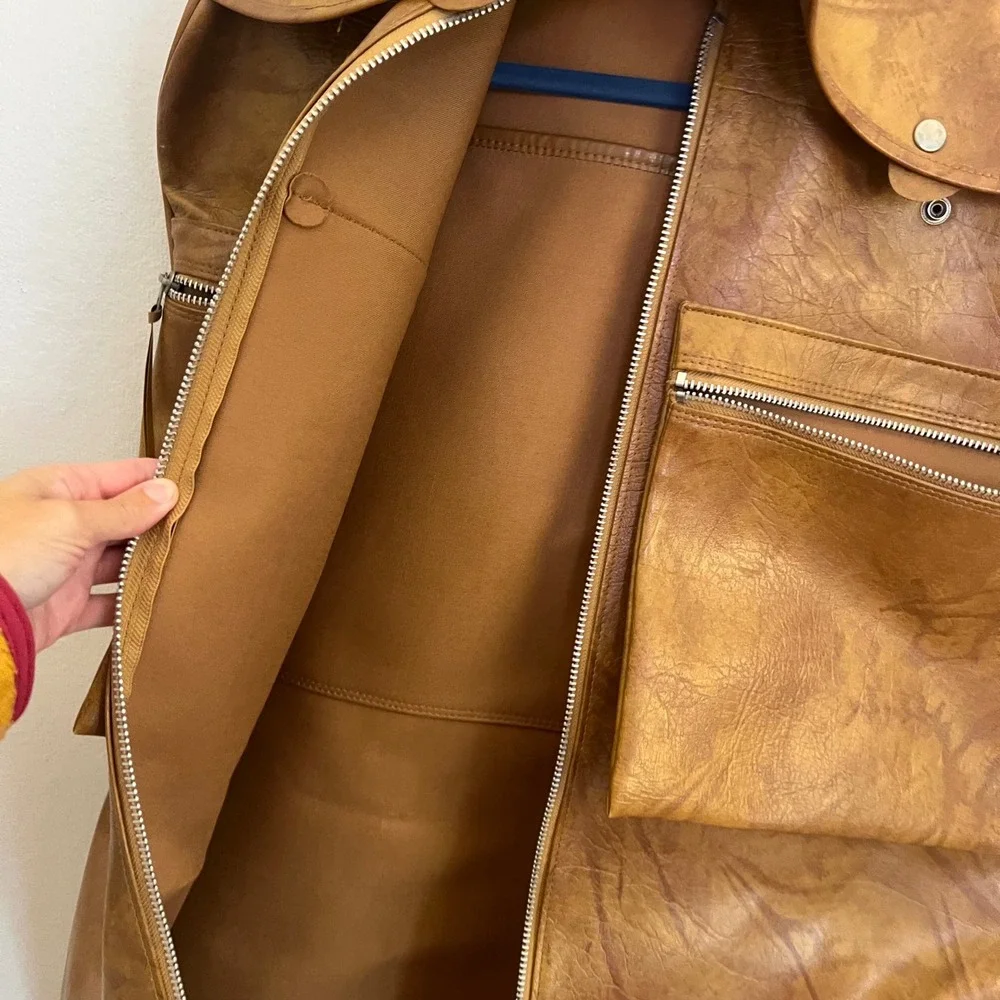 VTG Hanging American Tourister Garment Bag Tan Faux Leather Folding Travel